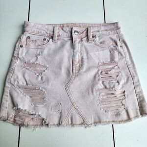 American Eagle Super Stretch Mini Skirt Womens Pink Denim Distressed Sz 2